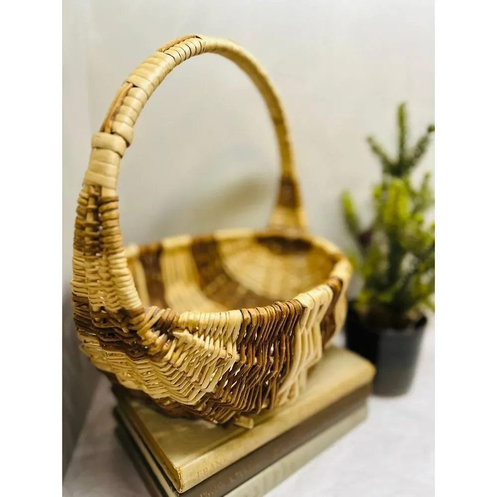 Two‑Tone Oval Wicker Gathering Basket Light & Dark Stripe 11.5x8.5x10.5 inch